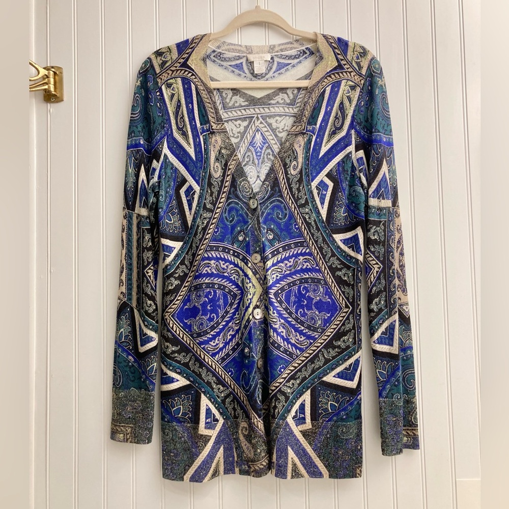 Chico’s bold patterned metallic long Peyton cardigan